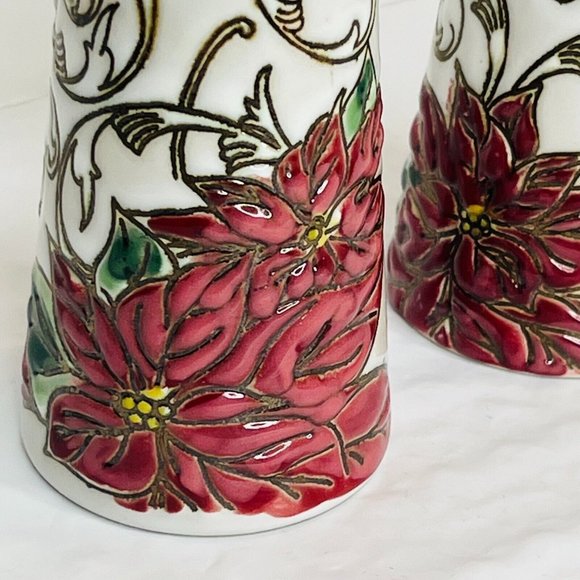 In Home Style Red Floral Poinsettia Salt & Pepper Christmas Set - Picture 3 of 11